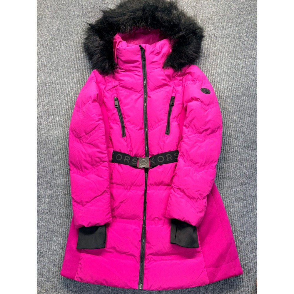 Michael Kors Pink Hooded Puffer Jacket Faux Fur Trim Belted XS